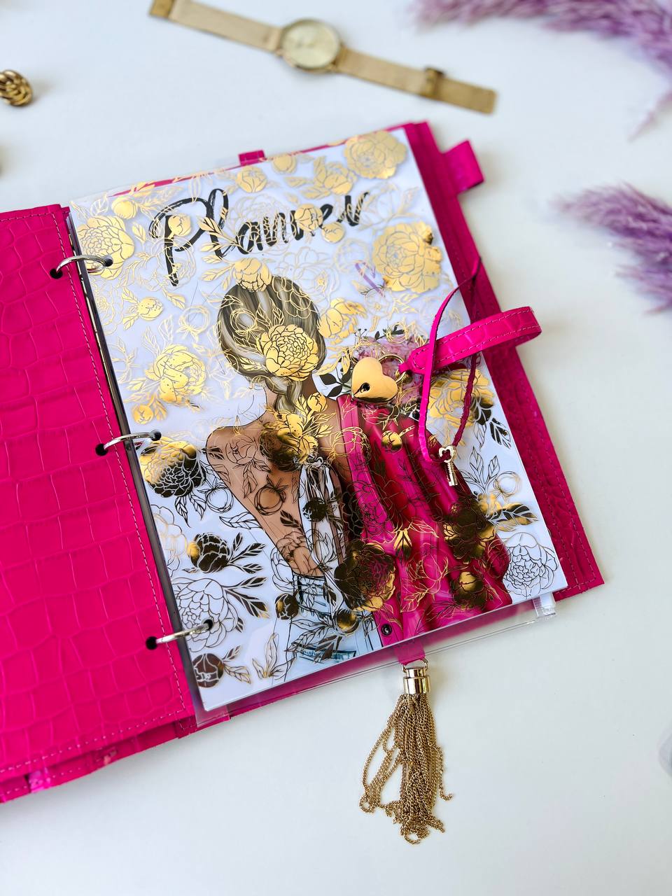 A4 leather notebook cover. Padfolio. Portfolio. A4 size with binder and pages padfolio planner. Leather hot pink.