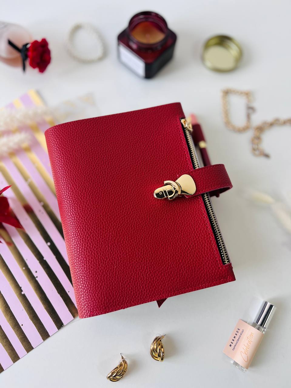 Red leather notebook cover A5 for documents A4 and A5 format.