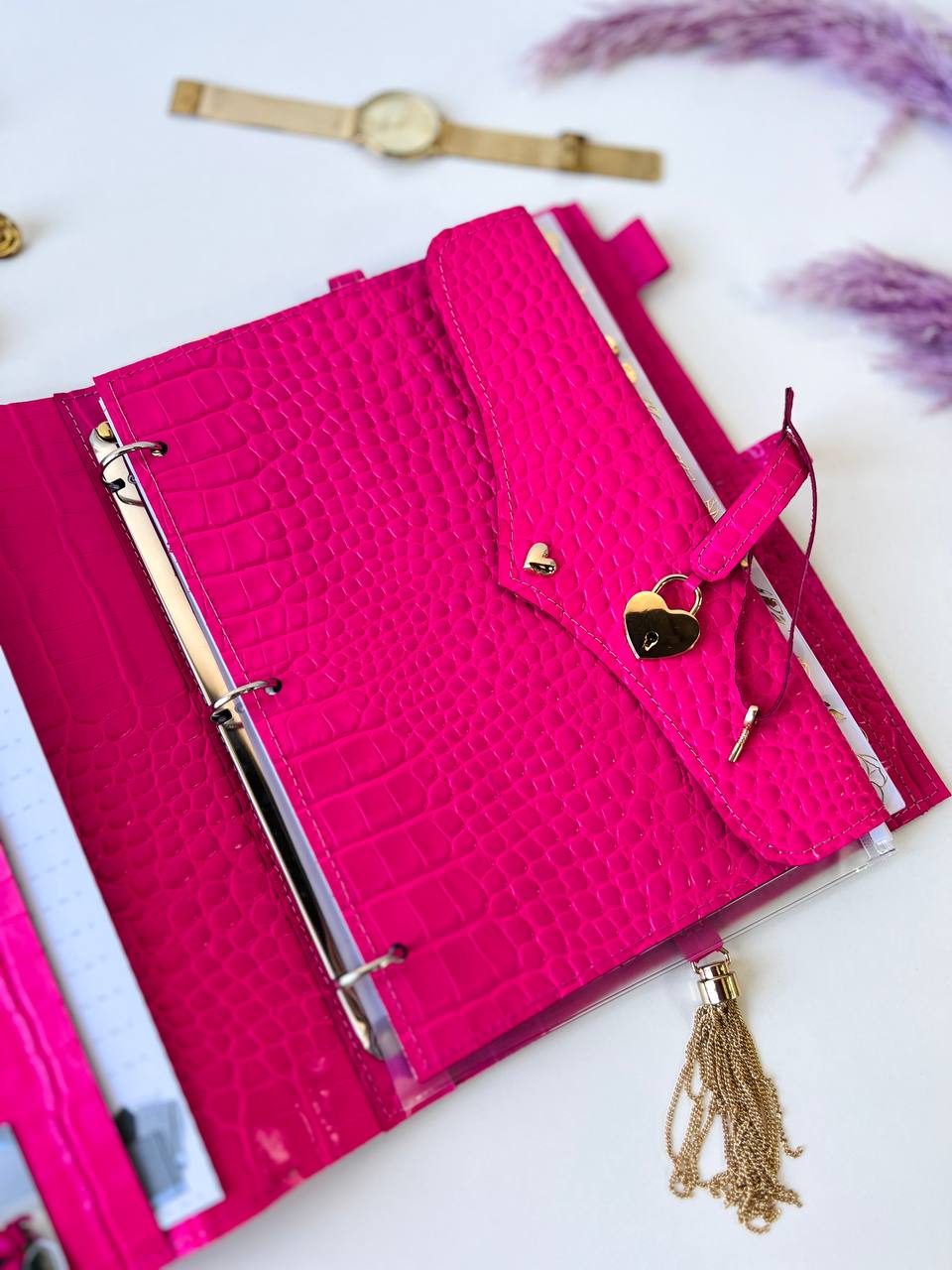 A4 leather notebook cover. Padfolio. Portfolio. A4 size with binder and pages padfolio planner. Leather hot pink.