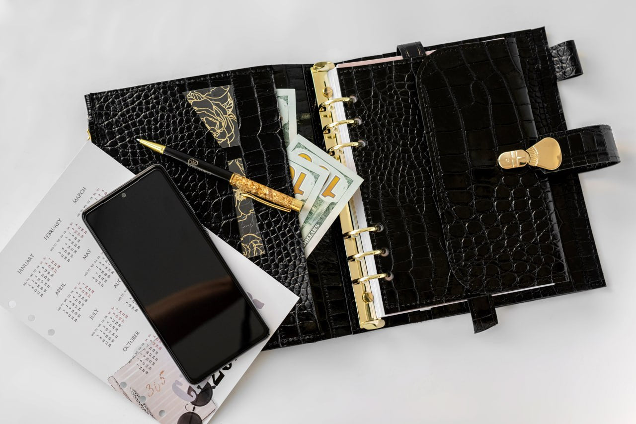 Black leather notebook cover A5 for documents A4 and A5 format.