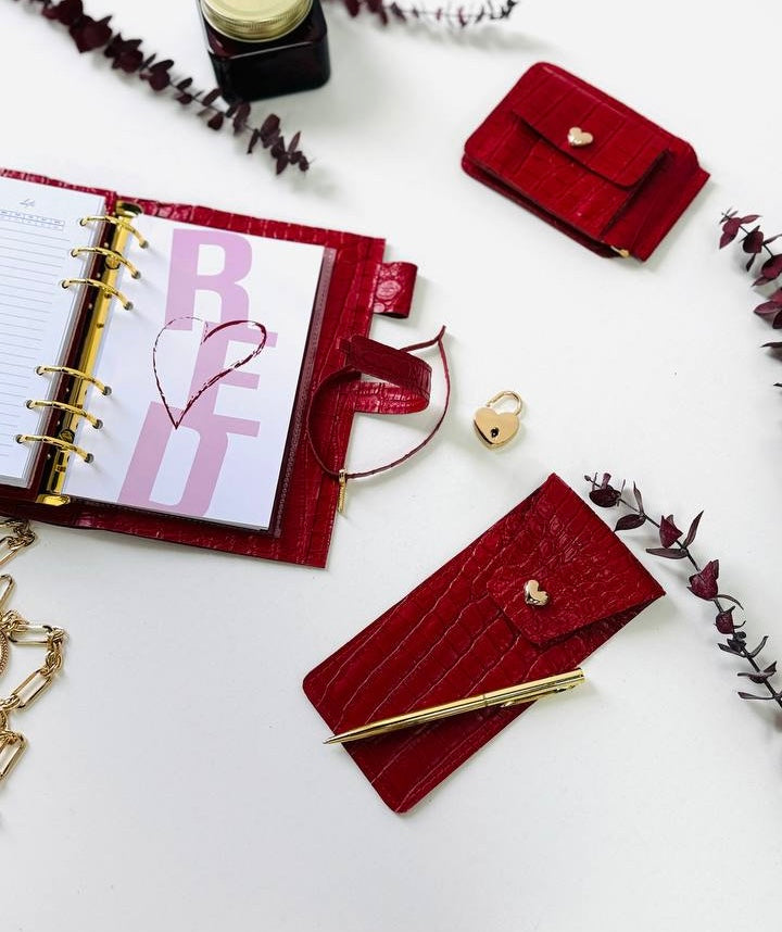 A6 red leather planner with wallet and pencil case- ideal gift.