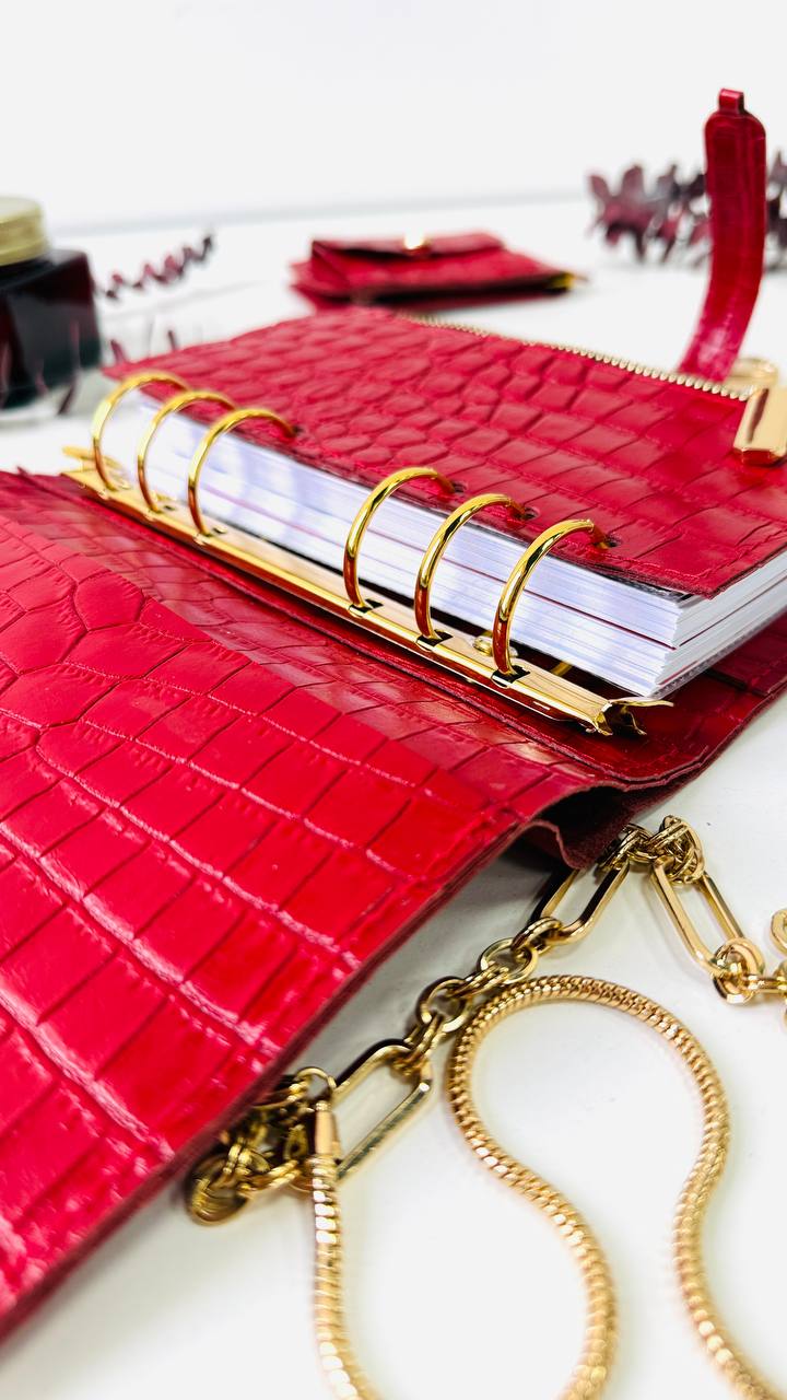 A6 red leather planner with wallet and pencil case- ideal gift.
