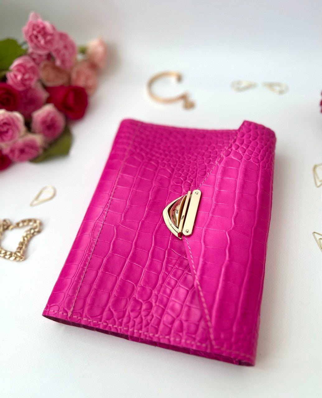 Hot pink leather notebook cover A5.