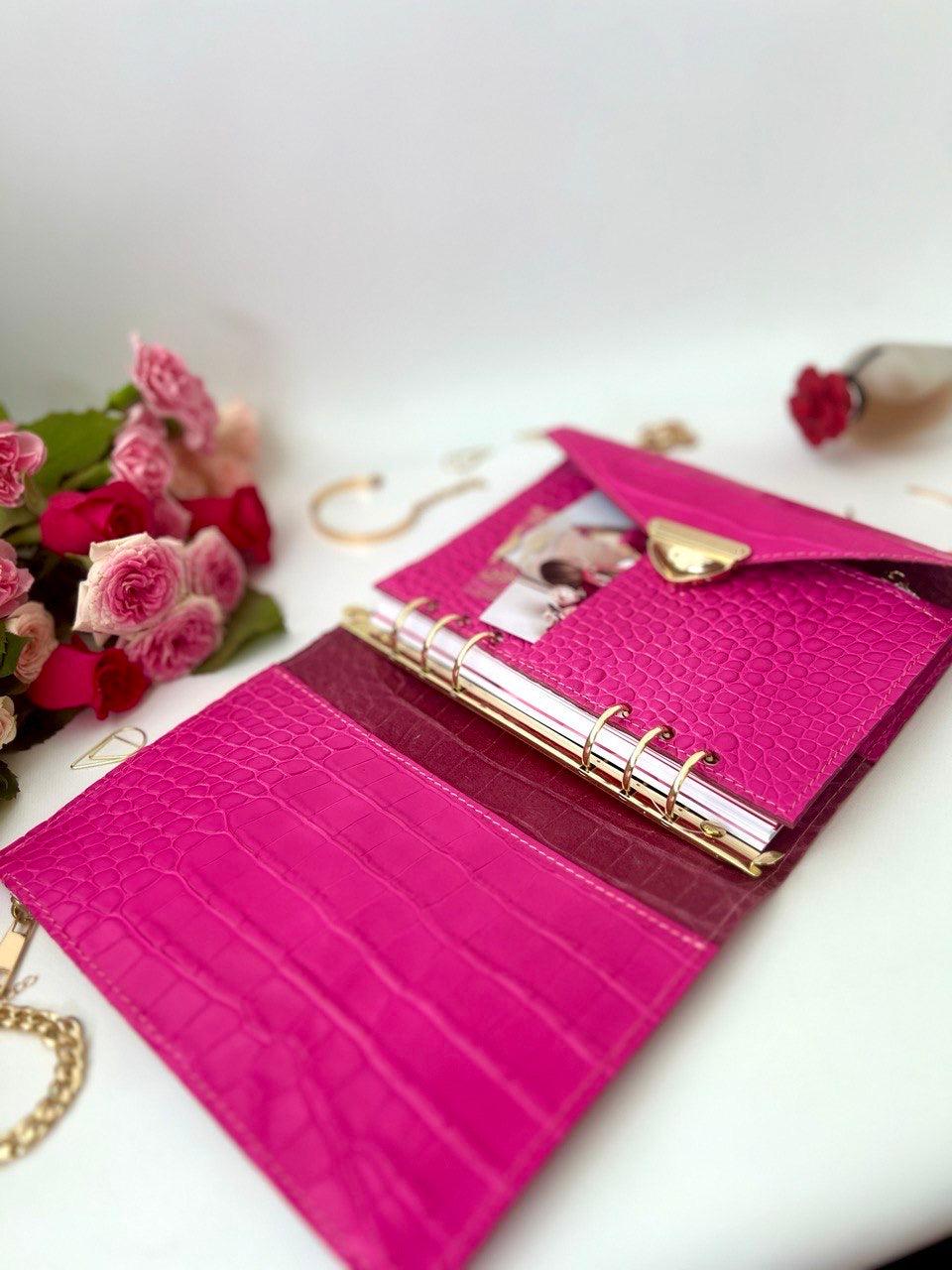 Hot pink leather notebook cover A5.