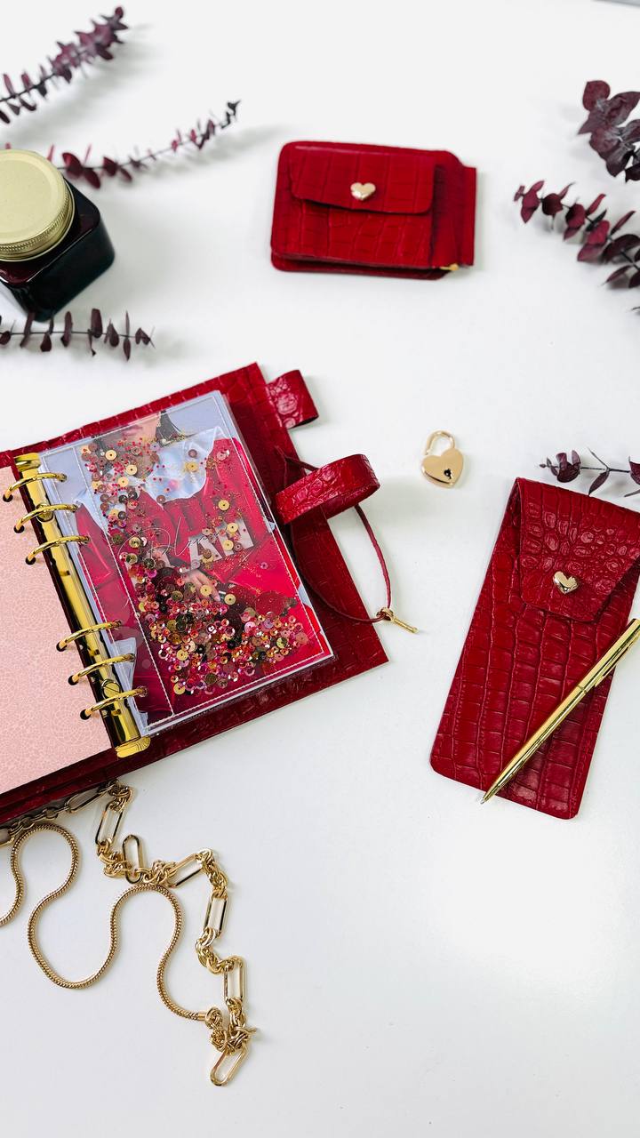 A6 red leather planner with wallet and pencil case- ideal gift.