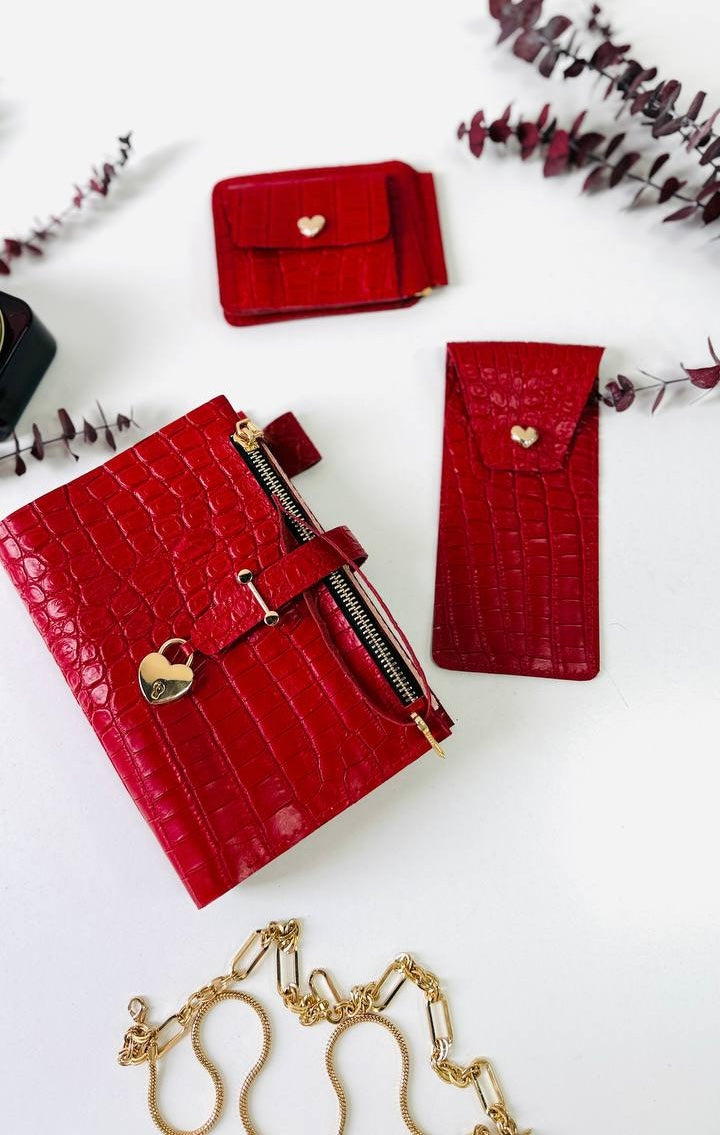 A6 red leather planner with wallet and pencil case- ideal gift.