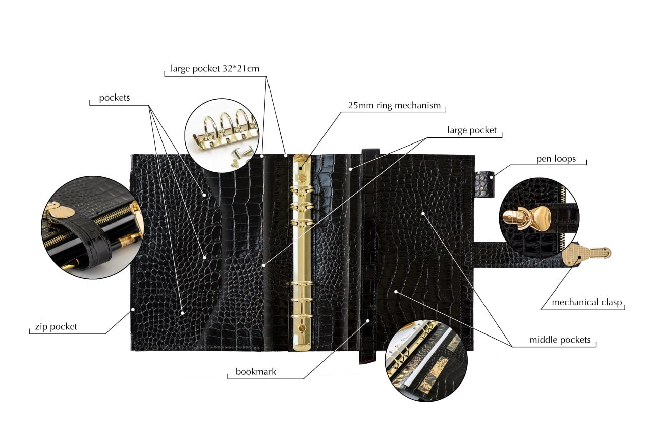 Black leather notebook cover A5 for documents A4 and A5 format.