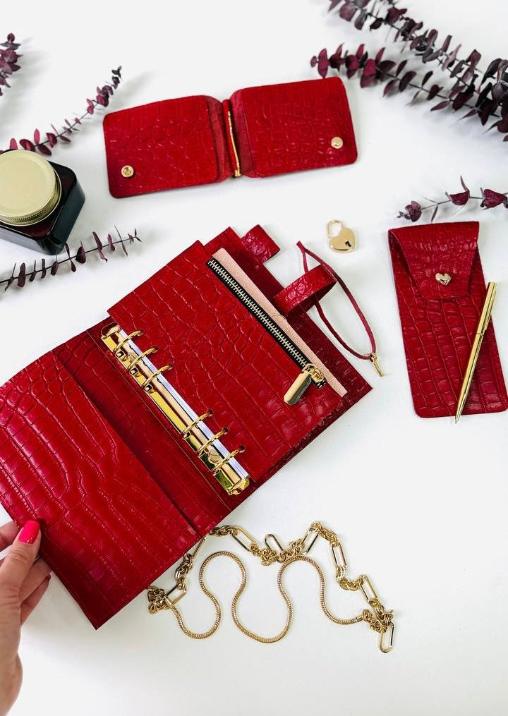 A6 red leather planner with wallet and pencil case- ideal gift.