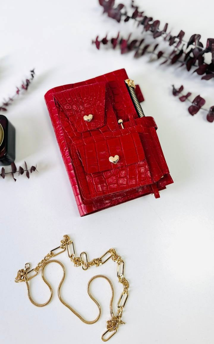 A6 red leather planner with wallet and pencil case- ideal gift.