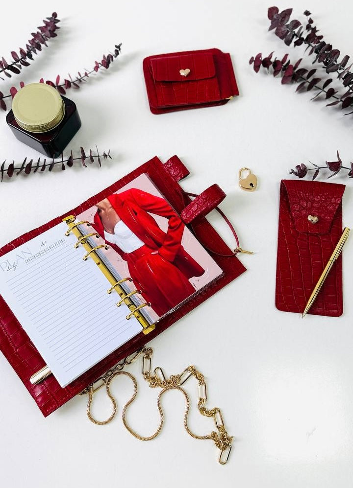 A6 red leather planner with wallet and pencil case- ideal gift.