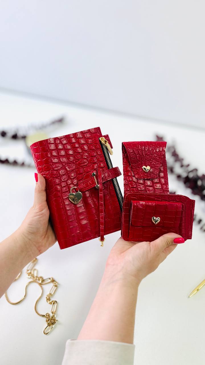 A6 red leather planner with wallet and pencil case- ideal gift.