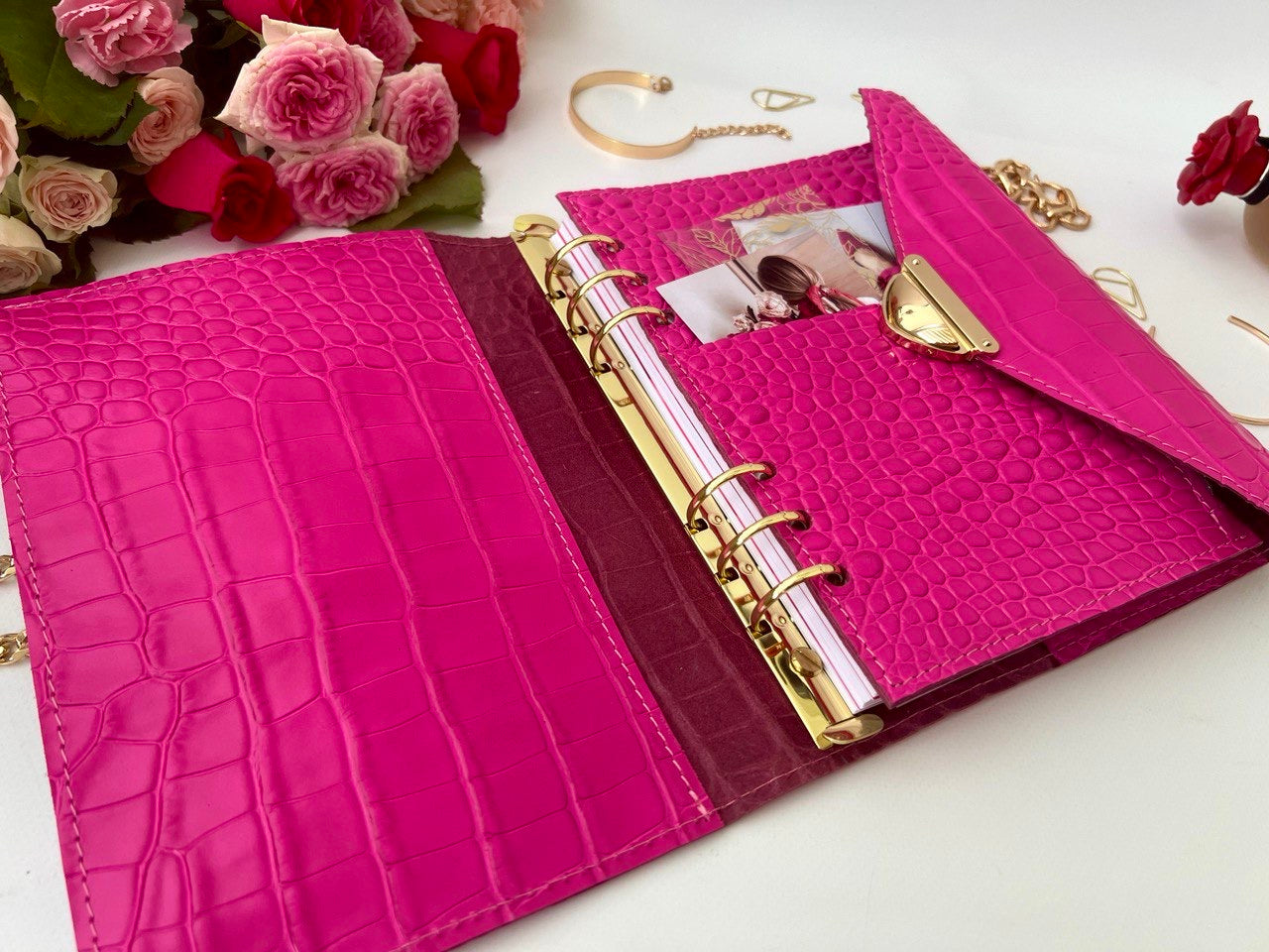 Hot pink leather notebook cover A5.