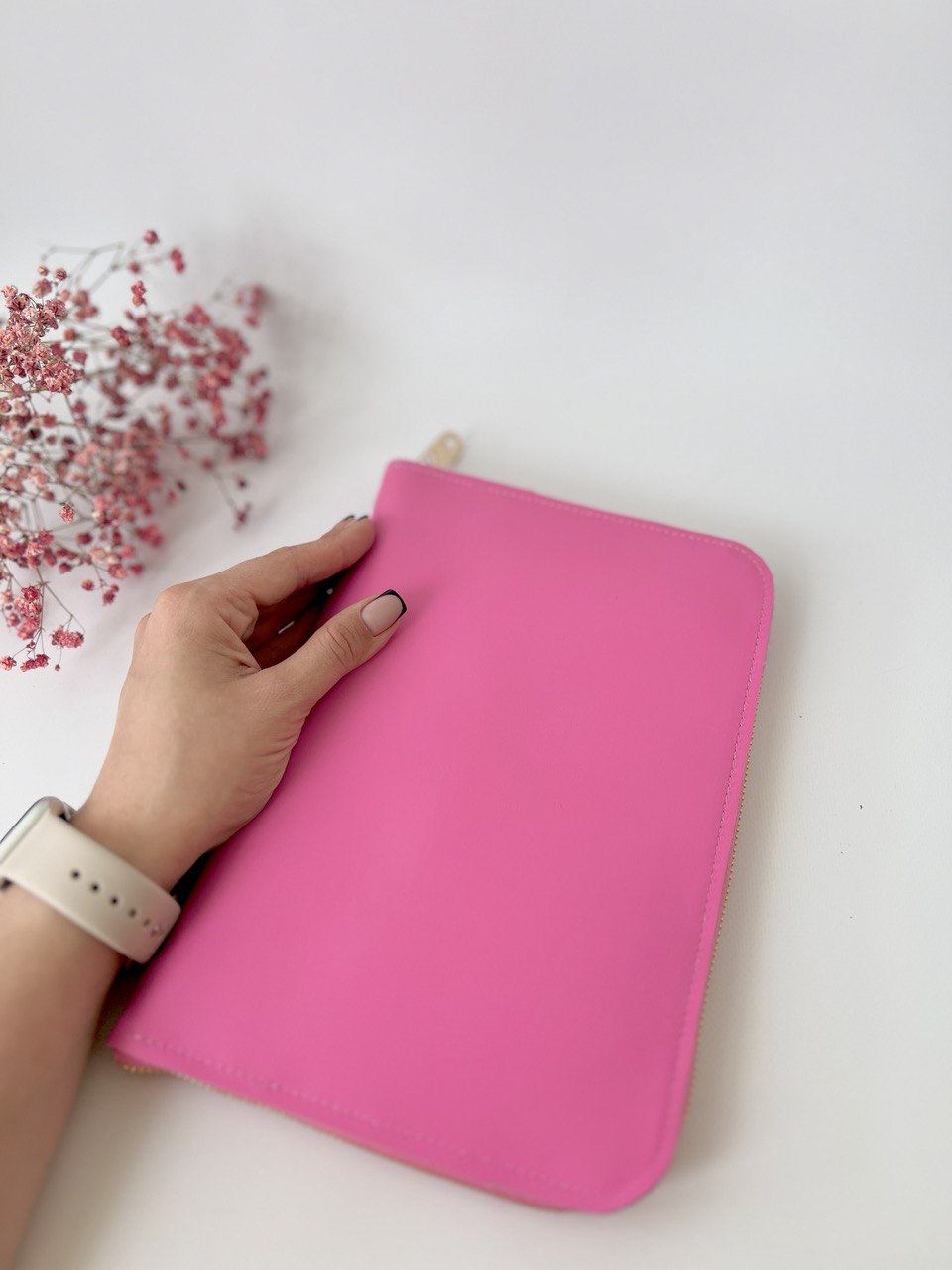 Pink leather zip cover for notebook A5