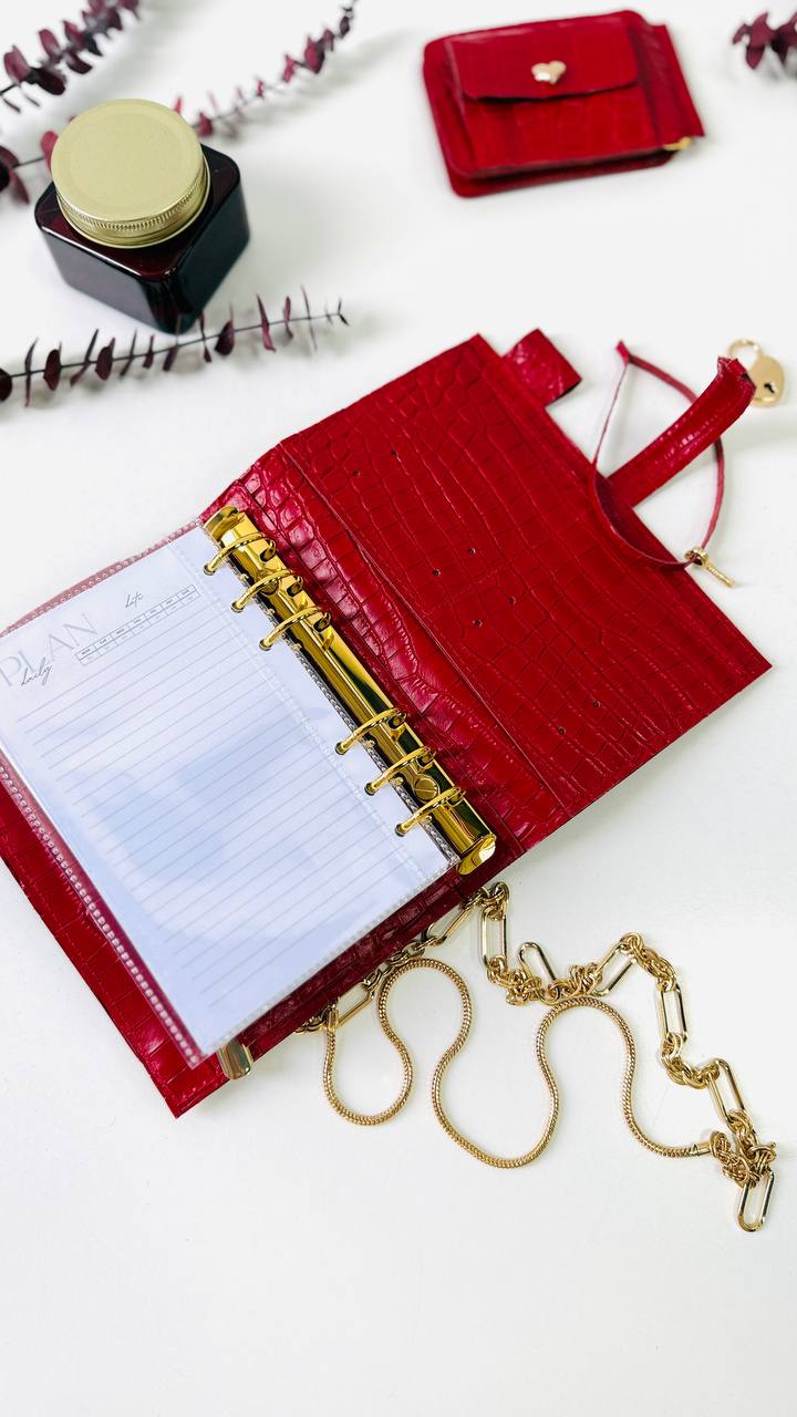 A6 red leather planner with wallet and pencil case- ideal gift.