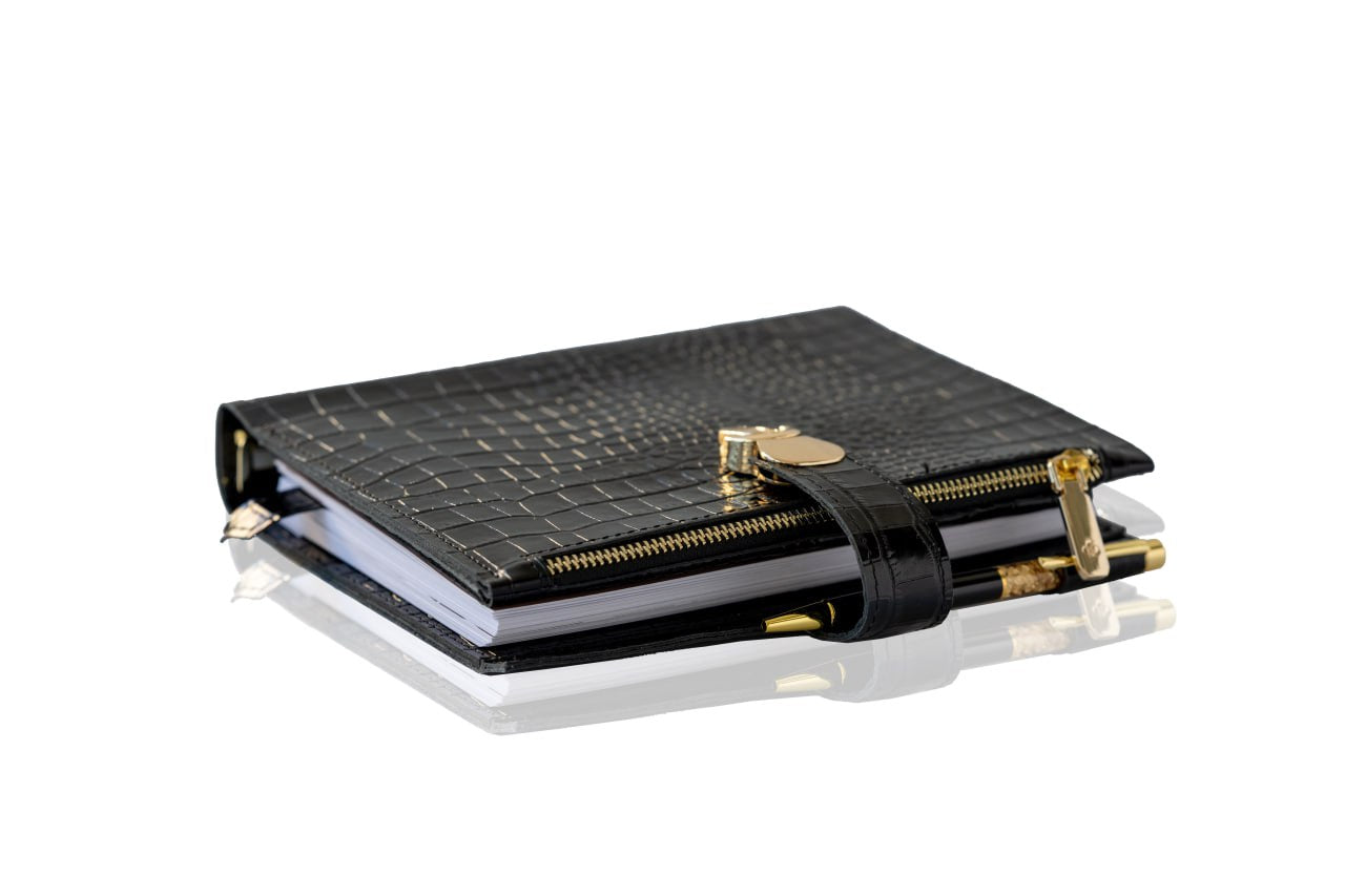 Black leather notebook cover A5 for documents A4 and A5 format.