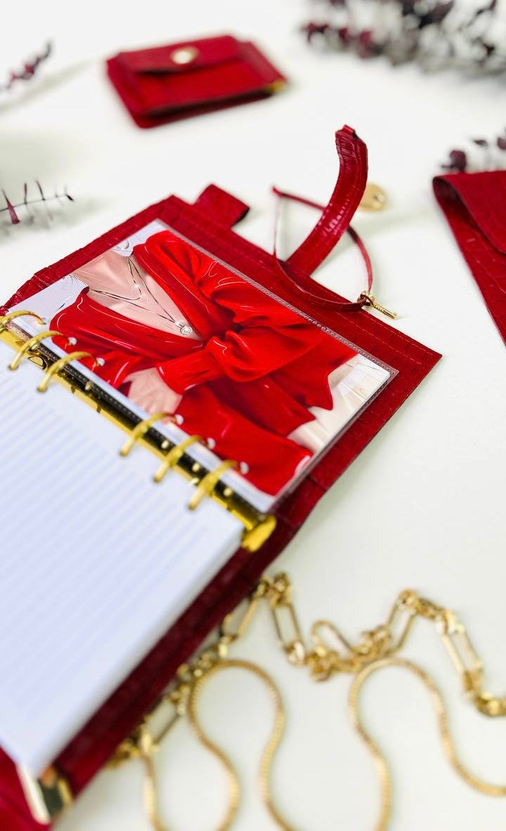 A6 red leather planner with wallet and pencil case- ideal gift.