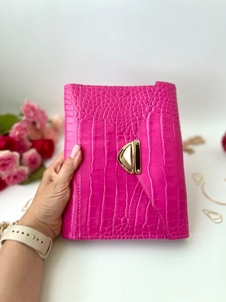 Hot pink leather notebook cover A5.