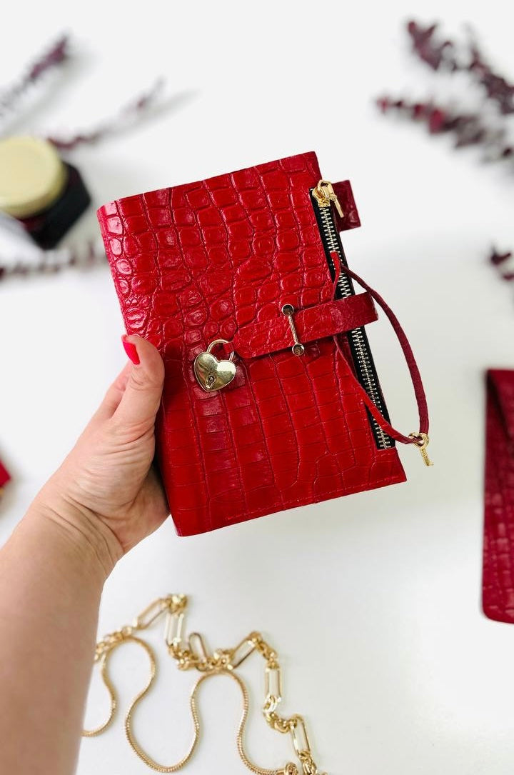 A6 red leather planner with wallet and pencil case- ideal gift.
