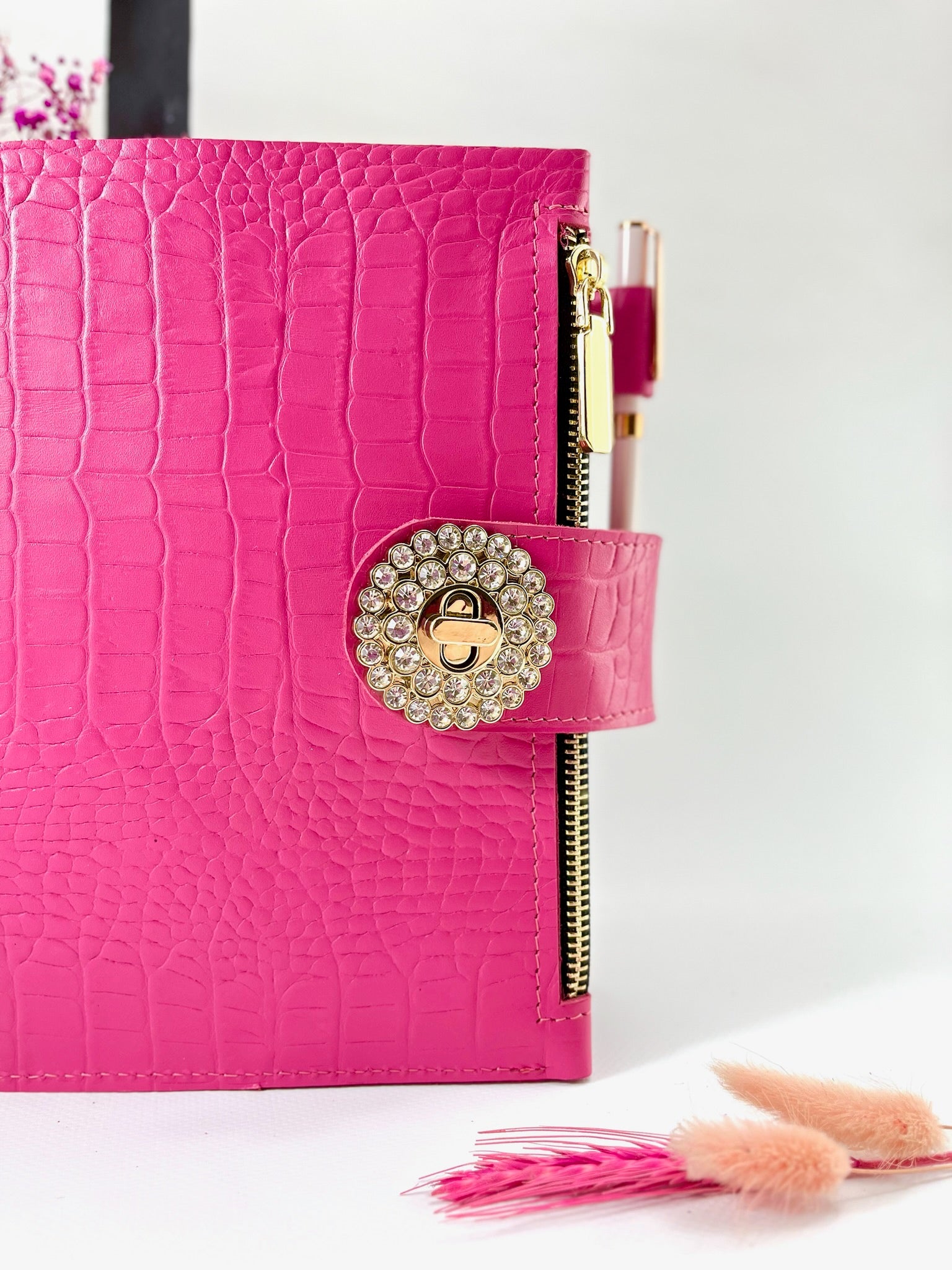 Pink leather notebook cover A5 for documents A4 and A5 format.