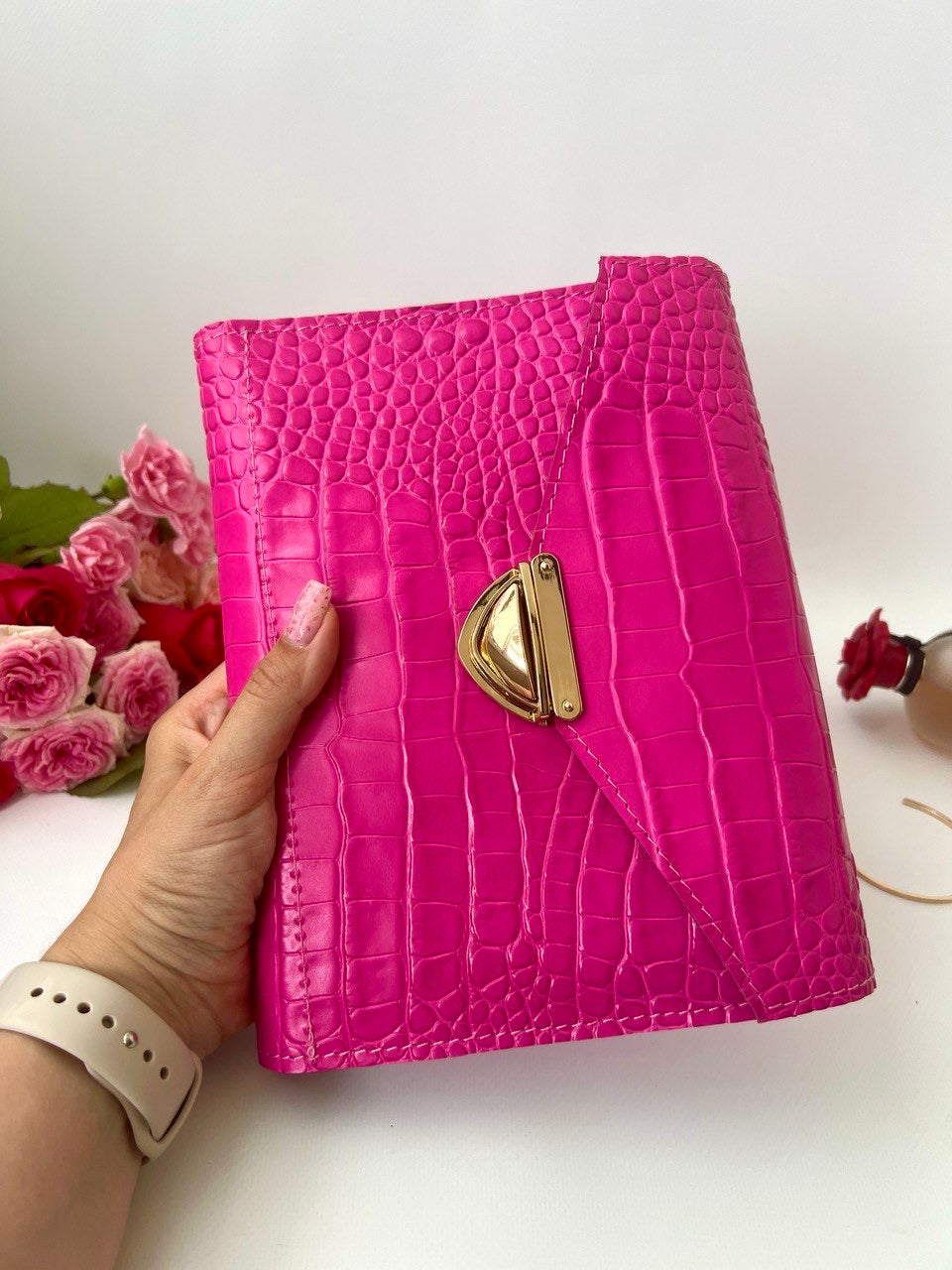 Hot pink leather notebook cover A5.