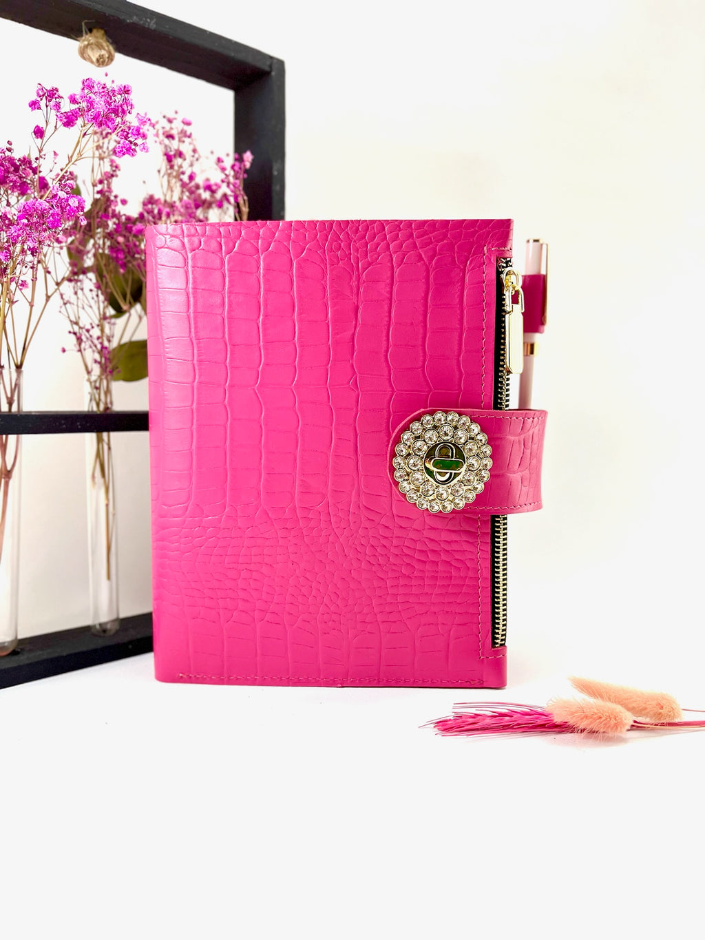 Pink leather notebook cover A5 for documents A4 and A5 format.