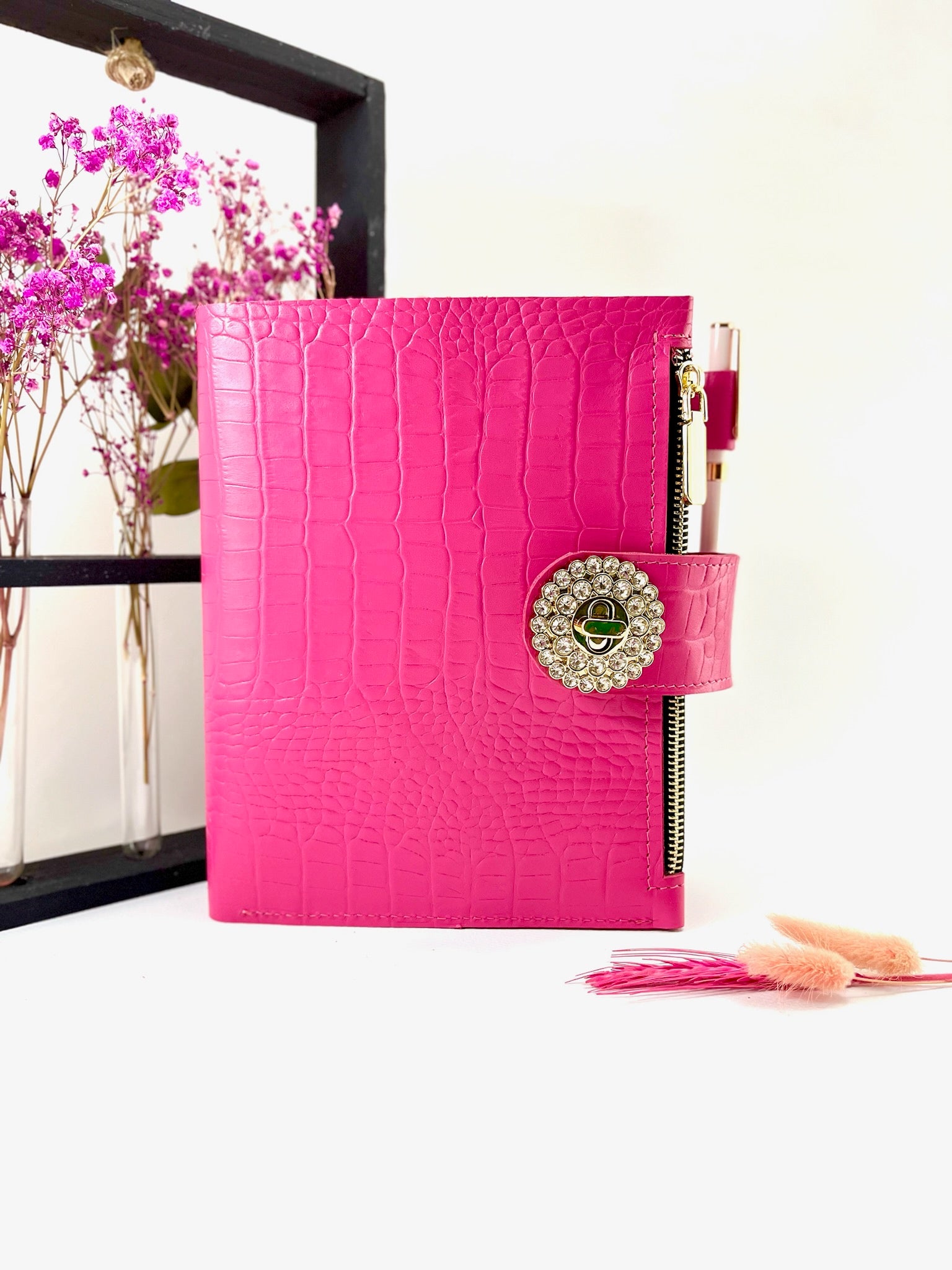 Pink leather notebook cover A5 for documents A4 and A5 format.