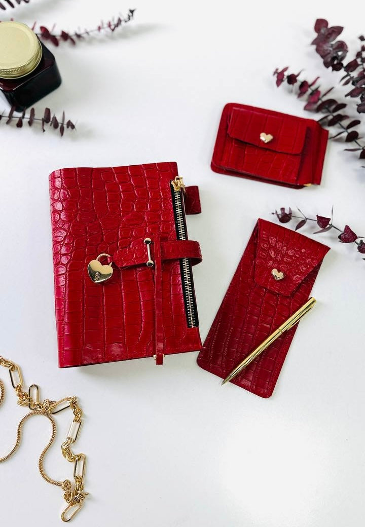 A6 red leather planner with wallet and pencil case- ideal gift.