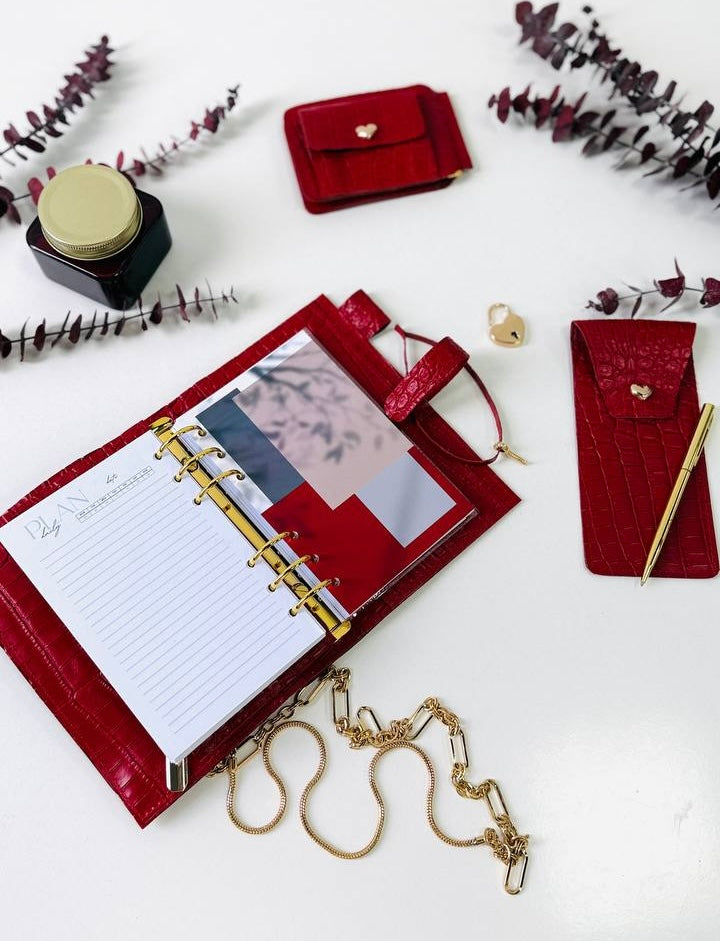 A6 red leather planner with wallet and pencil case- ideal gift.
