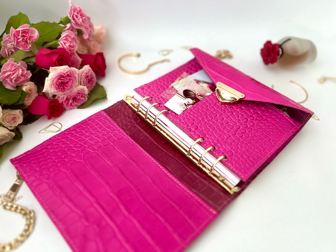 Hot pink leather notebook cover A5.