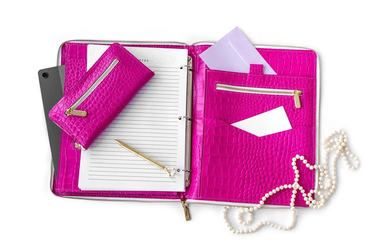 Pink Business Padfolio- Leather Writing Folder A4 with card holder - Tracker - Leather Document Folder - A4 - Zipper- Leather 4 ring binder