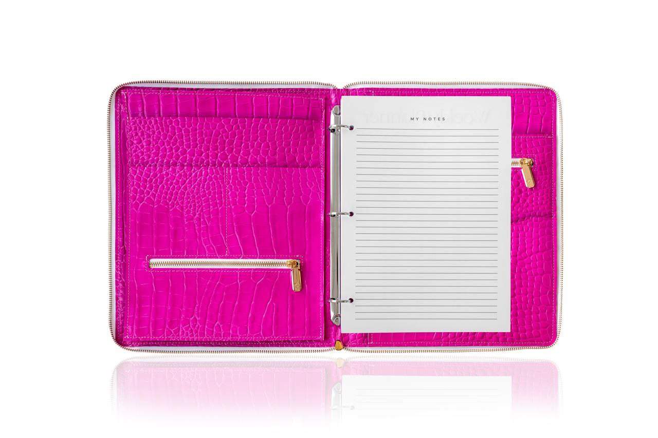 Pink Business Padfolio- Leather Writing Folder A4 with card holder - Tracker - Leather Document Folder - A4 - Zipper- Leather 4 ring binder