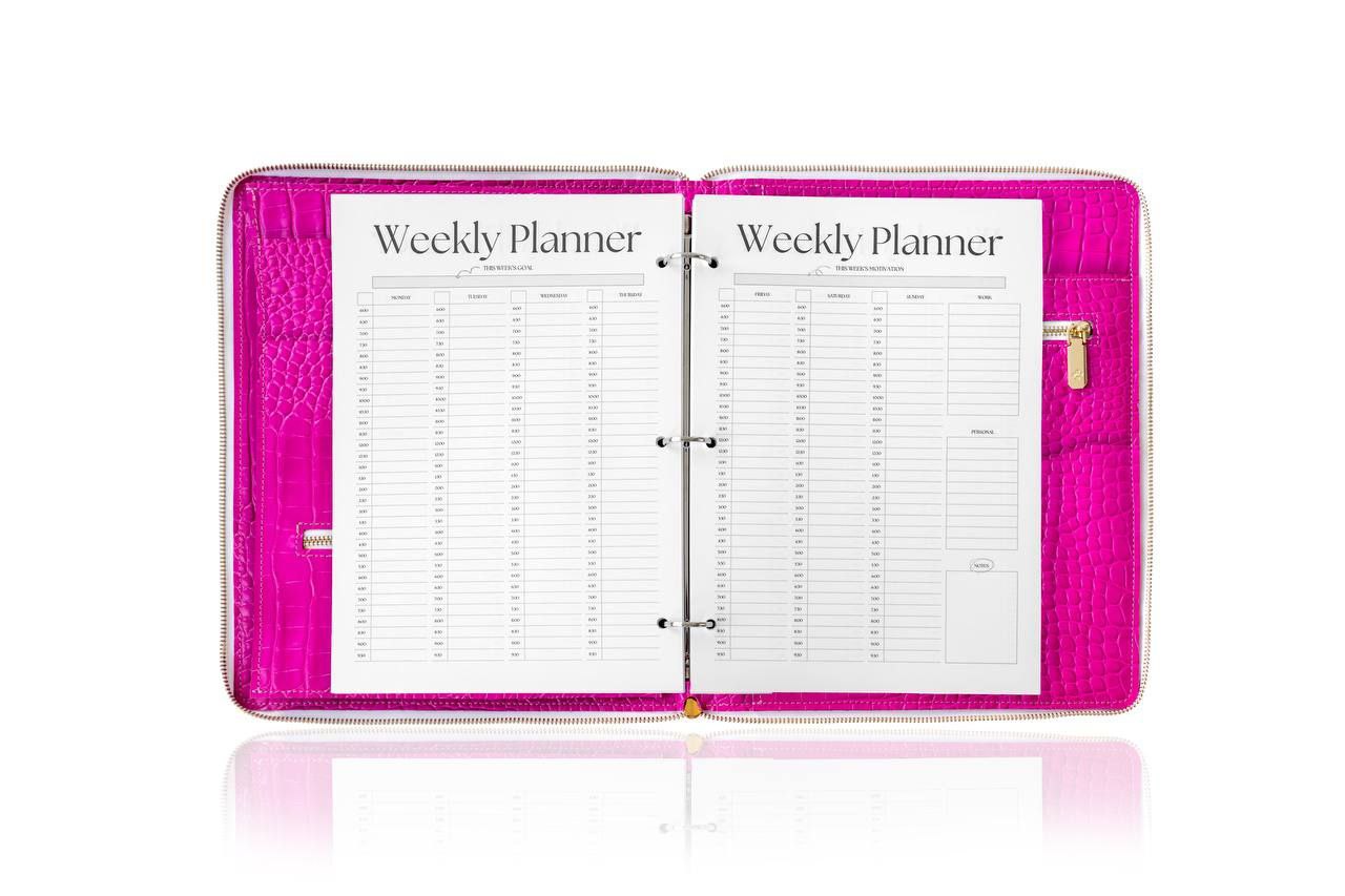 Pink Business Padfolio- Leather Writing Folder A4 with card holder - Tracker - Leather Document Folder - A4 - Zipper- Leather 4 ring binder