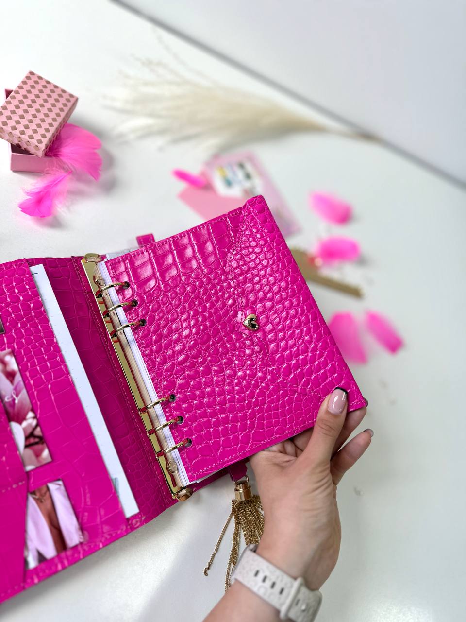 Natural Italian Leather hot Pink Planner A5, Ringbuch a5, Leather template, A5 ring binder,Binder a5,Leather wallet template,Binder wallet.