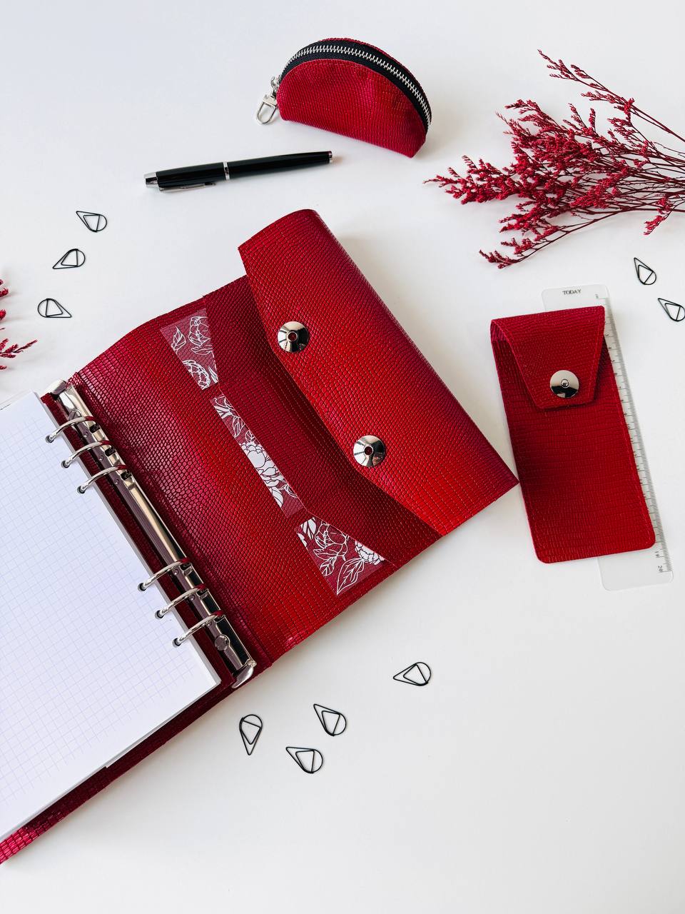 Leather Red Gift set notebook cover A5 with pencil case and mini case.