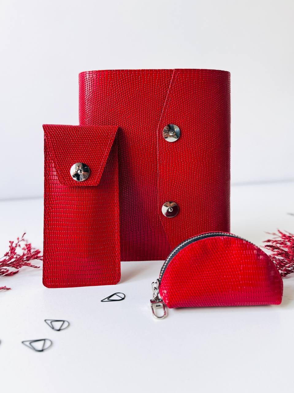 Leather Red Gift set notebook cover A5 with pencil case and mini case.