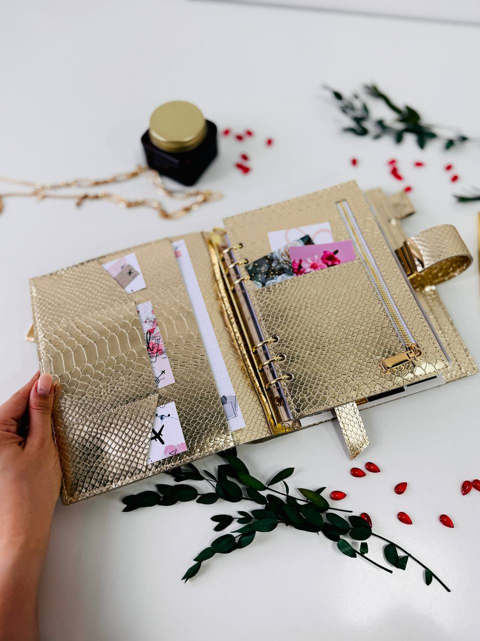 Gold leather planner binder A5.