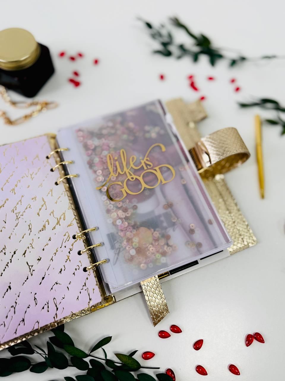 Gold leather planner binder A5.