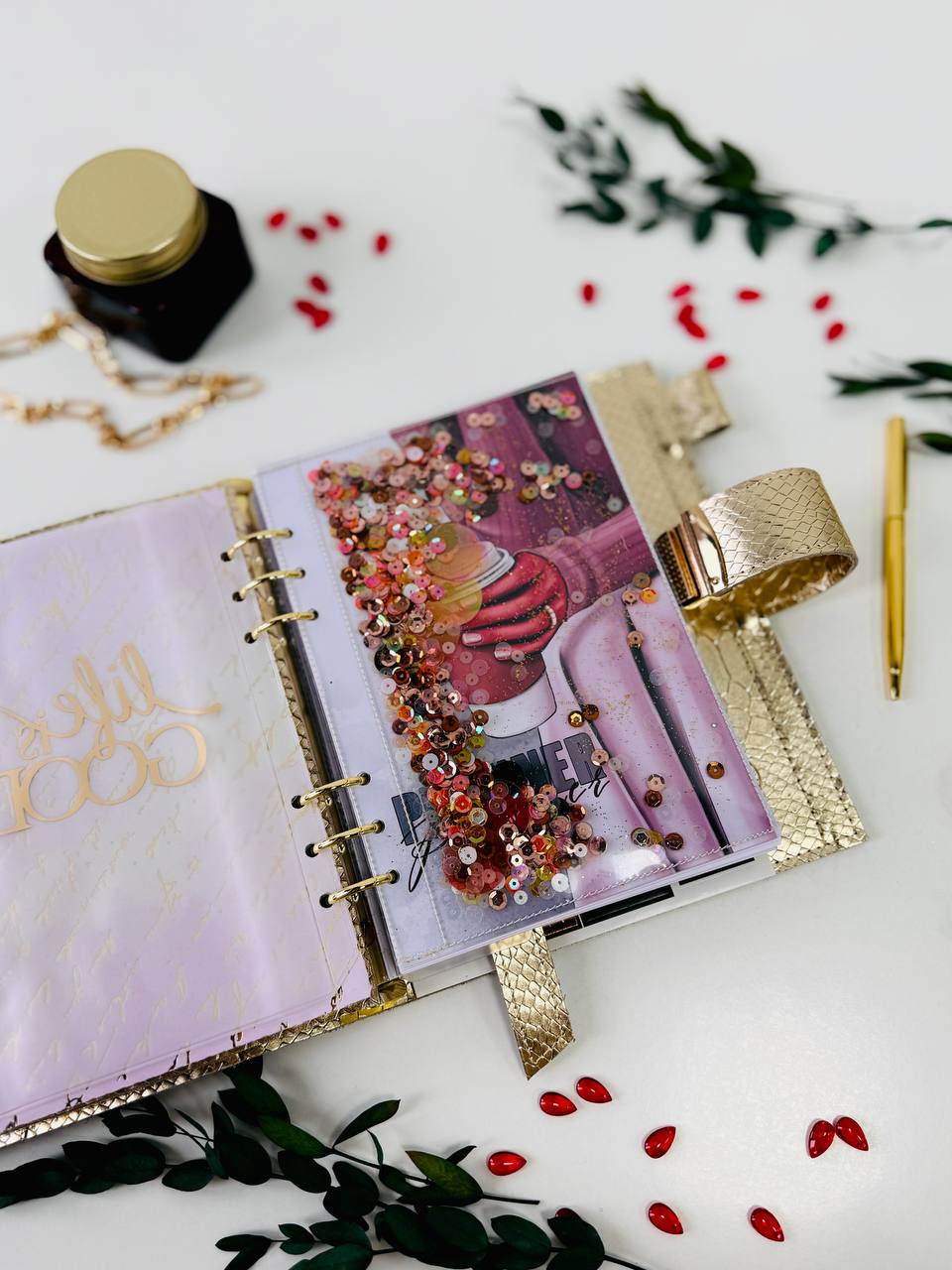 Gold leather planner binder A5.