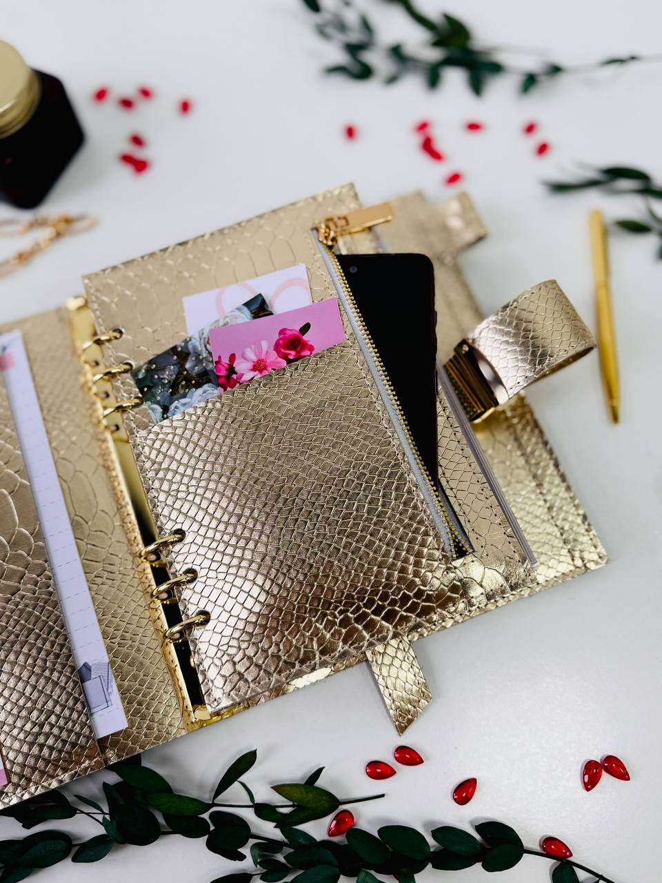 Gold leather planner binder A5.