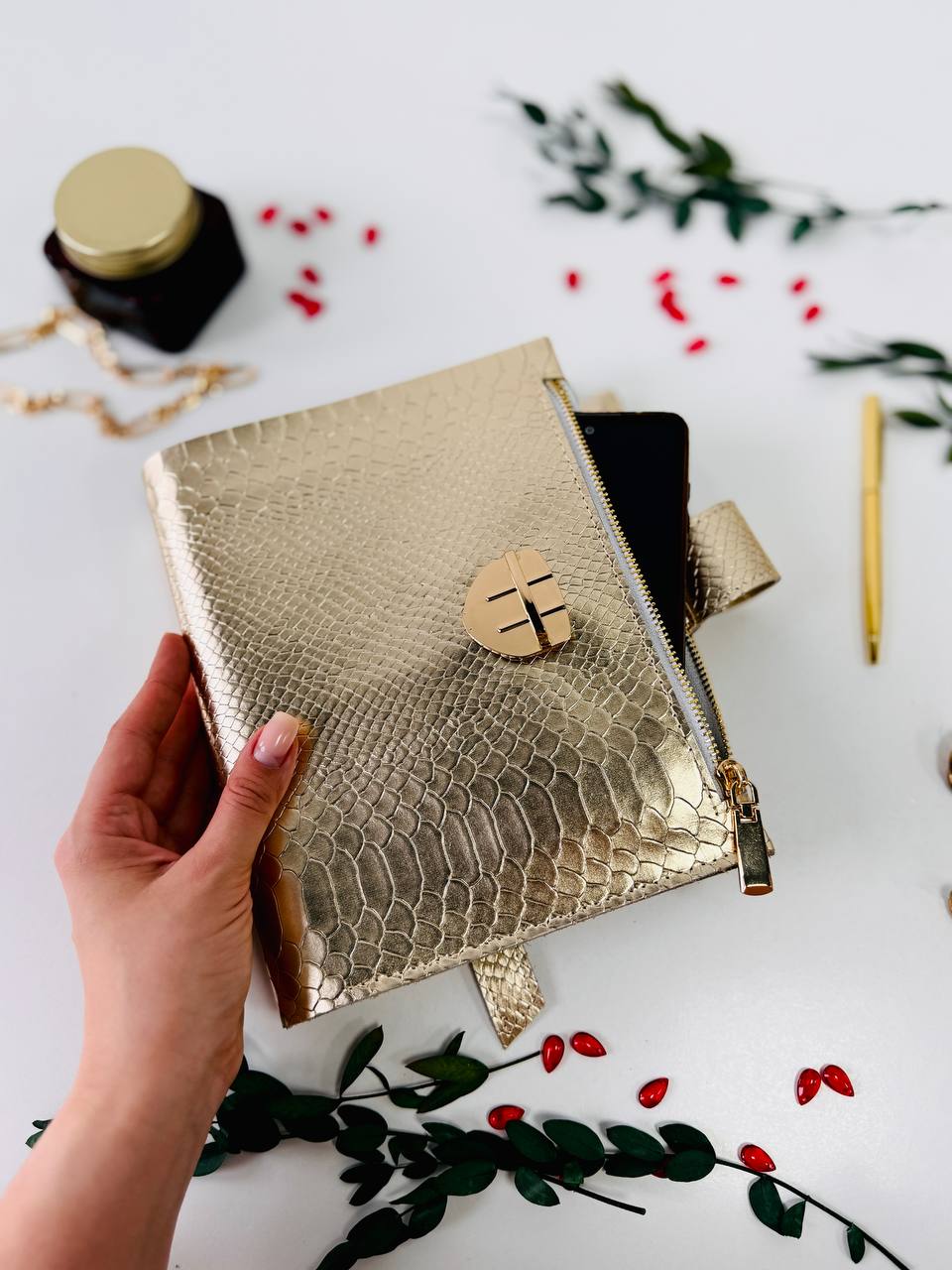 Gold leather planner binder A5.