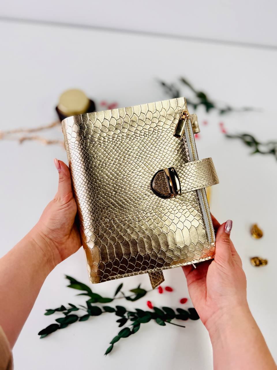 Gold leather planner binder A5.