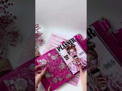 Hot pink leather notebook cover A5 with big gold binder. Cover for A4 and A5 documents format.