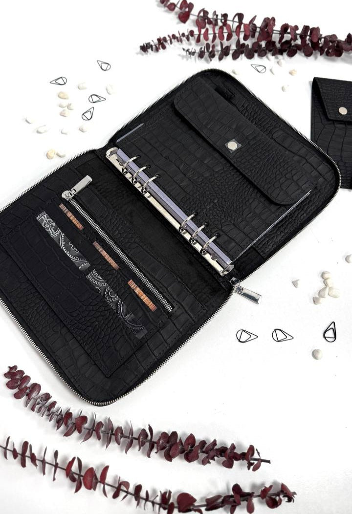Perfect Gift for Him | Handmade Genuine Black Leather A5 Zippered Planner Set with Pen Case