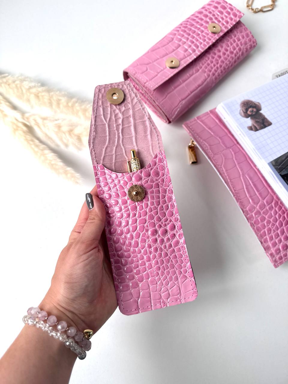 Pink leather gift- planner A5, wallet and pencil case.