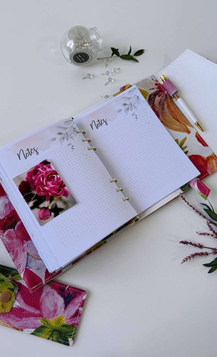 Handcrafted A5 Genuine Leather Floral Planner Binder Set with Matching Pencil Case