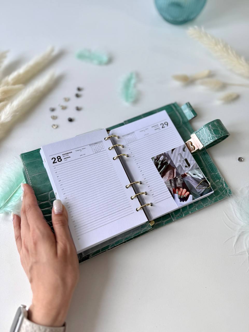 A6 NEW SIZE RARE leather green double planner cover binder 6 rings binder, dated planner, leather planner, gift for her, medium size planner.