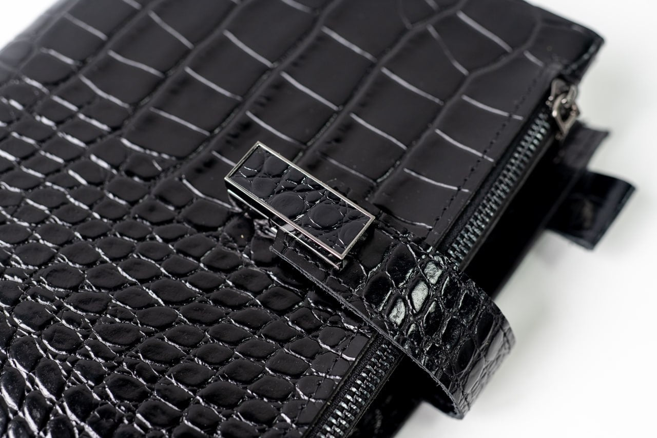 Cyprus, Limassol. Black croco leather notebook cover A5 for documents A4 and A5 format.