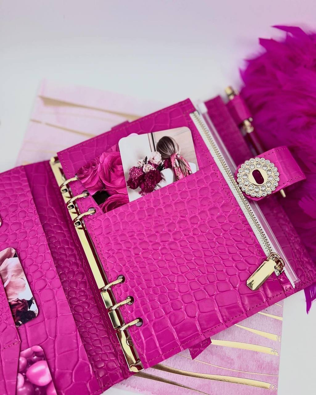 Hot pink leather notebook cover A5 with big gold binder. Cover for A4 and A5 documents format.