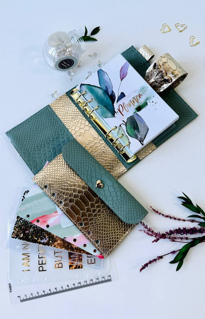 Pistachio Green A6 Genuine Leather Planner Binder – Gold Snake Accent with Panther Clasp