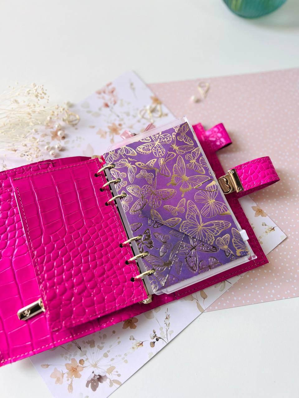 English language A6 NEW SIZE leather hot pink double planner cover binder 6 rings binder, leather planner, gift for her, medium size planner.